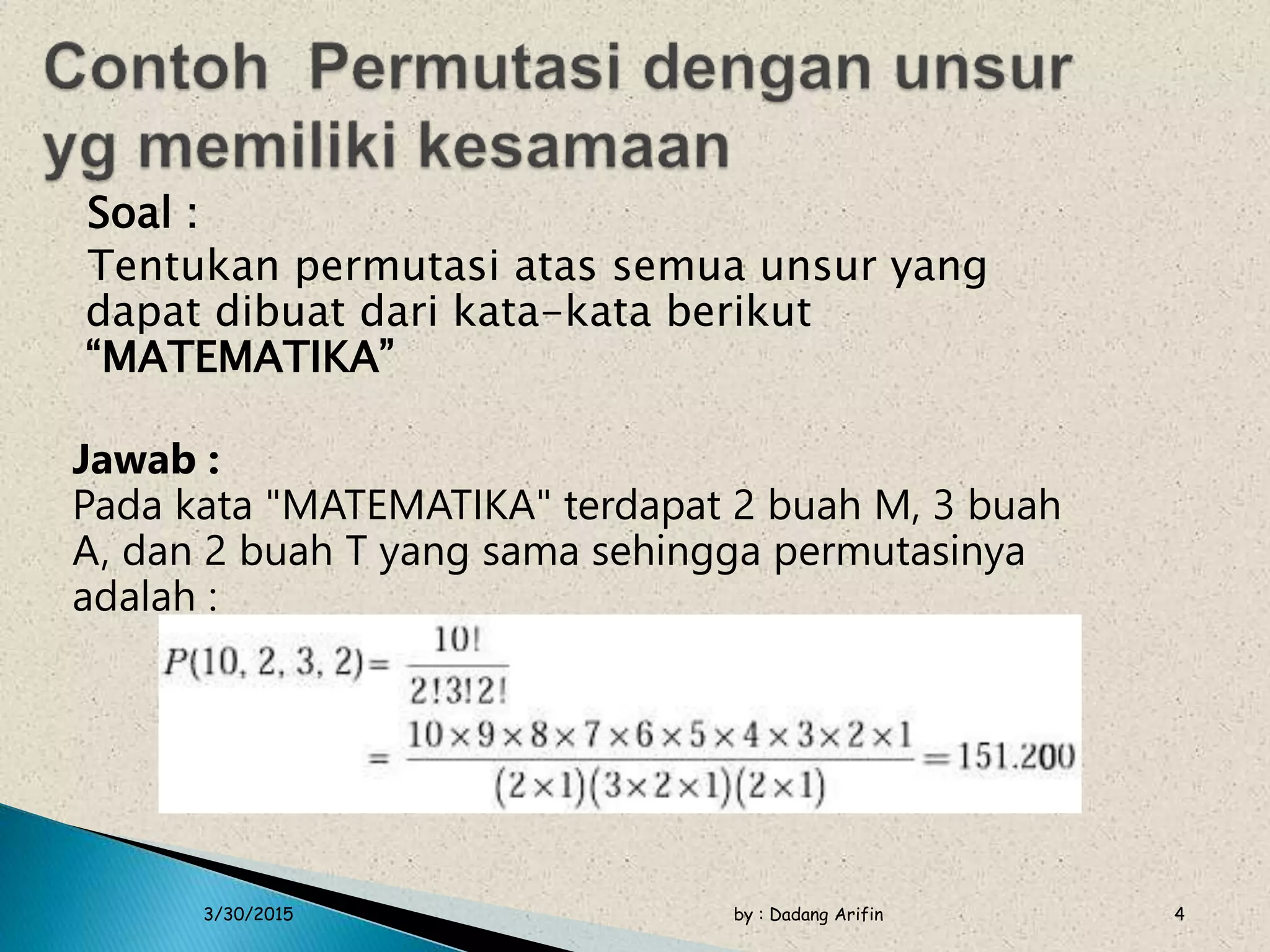 Pemantapan Matematika permutasi dan kombinasi | PPTX
