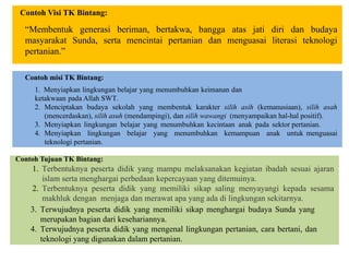 Contoh Visi TK Bintang:
“Membentuk generasi beriman, bertakwa, bangga atas jati diri dan budaya
masyarakat Sunda, serta mencintai pertanian dan menguasai literasi teknologi
pertanian.”
Contoh misi TK Bintang:
1. Menyiapkan lingkungan belajar yang menumbuhkan keimanan dan
ketakwaan pada Allah SWT.
2. Menciptakan budaya sekolah yang membentuk karakter silih asih (kemanusiaan), silih asah
(mencerdaskan), silih asuh (mendampingi), dan silih wawangi (menyampaikan hal-hal positif).
3. Menyiapkan lingkungan belajar yang menumbuhkan kecintaan anak pada sektor pertanian.
4. Menyiapkan lingkungan belajar yang menumbuhkan kemampuan anak untuk menguasai
teknologi pertanian.
Contoh Tujuan TK Bintang:
1. Terbentuknya peserta didik yang mampu melaksanakan kegiatan ibadah sesuai ajaran
islam serta menghargai perbedaan kepercayaan yang ditemuinya.
2. Terbentuknya peserta didik yang memiliki sikap saling menyayangi kepada sesama
makhluk dengan menjaga dan merawat apa yang ada di lingkungan sekitarnya.
3. Terwujudnya peserta didik yang memiliki sikap menghargai budaya Sunda yang
merupakan bagian dari kesehariannya.
4. Terwujudnya peserta didik yang mengenal lingkungan pertanian, cara bertani, dan
teknologi yang digunakan dalam pertanian.
 