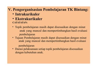 V. Pengorganisasian Pembelajaran TK Bintang:
• Intrakurikuler
• Ekstrakurikuler
CATATATAN:
• Topik pembelajaran masih dapat disesuaikan dengan minat
anak yang muncul dan mempertimbangkan hasil evaluasi
pembelajaran
• Tujuan Pembelajaran masih dapat disesuaikan dengan minat
anak yang muncul dan mempertimbangkan hasil evaluasi
pembelajaran
• Durasi pelaksanaan setiap topik pembelajaran disesuaikan
dengan kebutuhan anak.
 