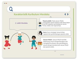 Karakteristik Kurikulum Merdeka
2. Lebih Merdeka
Peserta didik: Pada satuan PAUD,
menguatkan pesan bahwa anak tetap dapat
memilih kegiatan pembelajaran sesuai
minat, bakat, dan aspirasinya.
Guru: Guru mengajar sesuai tahap
capaian dan perkembangan peserta didik.
Satuan PAUD : Satuan PAUD memiliki
wewenang untuk mengembangkan dan
mengelola kurikulum dan pembelajaran
sesuai dengan karakteristik satuan PAUD
dan peserta didik.
 
