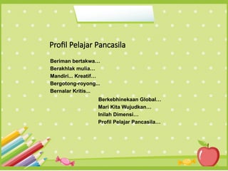 Profil Pelajar Pancasila
Beriman bertakwa…
Berakhlak mulia…
Mandiri... Kreatif…
Bergotong-royong...
Bernalar Kritis...
Berkebhinekaan Global…
Mari Kita Wujudkan…
Inilah Dimensi…
Profil Pelajar Pancasila…
 