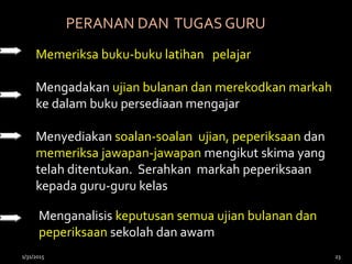 Memeriksa buku-buku latihan pelajar
Mengadakan ujian bulanan dan merekodkan markah
ke dalam buku persediaan mengajar
Menyediakan soalan-soalan ujian, peperiksaan dan
memeriksa jawapan-jawapan mengikut skima yang
telah ditentukan. Serahkan markah peperiksaan
kepada guru-guru kelas
PERANAN DAN TUGAS GURU
Menganalisis keputusan semua ujian bulanan dan
peperiksaan sekolah dan awam
1/31/2015 23
 