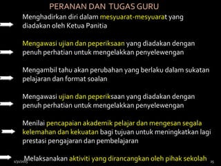 Menghadirkan diri dalam mesyuarat-mesyuarat yang
diadakan oleh Ketua Panitia
Mengawasi ujian dan peperiksaan yang diadakan dengan
penuh perhatian untuk mengelakkan penyelewengan
Mengambil tahu akan perubahan yang berlaku dalam sukatan
pelajaran dan format soalan
Mengawasi ujian dan peperiksaan yang diadakan dengan
penuh perhatian untuk mengelakkan penyelewengan
Menilai pencapaian akademik pelajar dan mengesan segala
kelemahan dan kekuatan bagi tujuan untuk meningkatkan lagi
prestasi pengajaran dan pembelajaran
Melaksanakan aktiviti yang dirancangkan oleh pihak sekolah
PERANAN DAN TUGAS GURU
1/31/2015 25
 