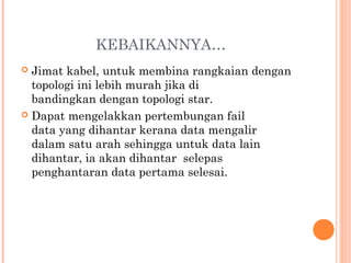 KEBAIKANNYA…
Jimat kabel, untuk membina rangkaian dengan
topologi ini lebih murah jika di
bandingkan dengan topologi star.
 Dapat mengelakkan pertembungan fail
data yang dihantar kerana data mengalir
dalam satu arah sehingga untuk data lain
dihantar, ia akan dihantar selepas
penghantaran data pertama selesai.


 