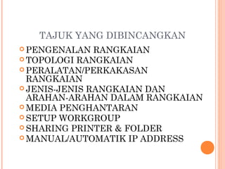 TAJUK YANG DIBINCANGKAN
 PENGENALAN

RANGKAIAN
 TOPOLOGI RANGKAIAN
 PERALATAN/PERKAKASAN
RANGKAIAN
 JENIS-JENIS RANGKAIAN DAN
ARAHAN-ARAHAN DALAM RANGKAIAN
 MEDIA PENGHANTARAN
 SETUP WORKGROUP
 SHARING PRINTER & FOLDER
 MANUAL/AUTOMATIK IP ADDRESS

 