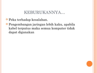 KEBURUKANNYA…
Peka terhadap kesalahan.
 Pengembangan jaringan lebih kaku, apabila
kabel terputus maka semua komputer tidak
dapat digunakan


 