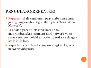 PENGULANG(REPEATER)
Repeater ialah komponen penyambungan yang
paling ringkas dan digunakan pada ‘Local Area
Network’.
 Ia adalah peranti elektrik kerana ia
menyambungkan segment dari network yang
sama dan membolehkan node dijarakkan dengan
lebih jauh lagi.
 Repeater tidak dapat menyambungkan kepada
network yang lain.


 