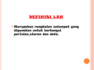 DEFINISI LAN


Merupakan rangkaian setempat yang
digunakan untuk berkongsi
perisian,storan dan data.

 