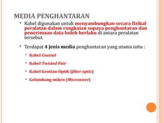 MEDIA PENGHANTARAN
 Kabel digunakan untuk menyambungkan secara fizikal

peralatan dalam rangkaian supaya penghantaran dan
penerimaan data boleh berlaku di antara peralatan
tersebut.

 Terdapat 4 jenis media penghantaran yang utama iaitu :
 Kabel Coaxial
 Kabel Twisted Pair
 Kabel Gentian Optik (fiber optic)
 Gelombang mikro (Microwave)

 