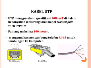 KABEL UTP
 UTP menggunakan spesifikasi 10BaseT di dalam

kebanyakan jenis rangkaian kabel twisted pair
yang popular.
 Panjang maksima 100 meter.
 menggunakan penyambung telefon RJ-45 untuk

sambungan ke komputer.

 