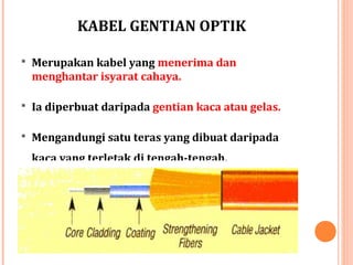 KABEL GENTIAN OPTIK
 Merupakan kabel yang menerima dan

menghantar isyarat cahaya.
 Ia diperbuat daripada gentian kaca atau gelas.
 Mengandungi satu teras yang dibuat daripada

kaca yang terletak di tengah-tengah.

 