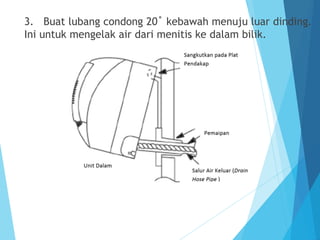 3. Buat lubang condong 20˚ kebawah menuju luar dinding.
Ini untuk mengelak air dari menitis ke dalam bilik.
 