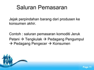 Free Powerpoint Templates
Page 11
Saluran Pemasaran
Jejak perpindahan barang dari produsen ke
konsumen akhir.
Contoh : saluran pemasaran komoditi Jeruk
Petani  Tengkulak  Pedagang Pengumpul
 Pedagang Pengecer  Konsumen
 