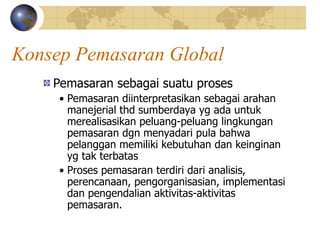 Konsep Pemasaran Global
Pemasaran sebagai suatu proses
• Pemasaran diinterpretasikan sebagai arahan
manejerial thd sumberdaya yg ada untuk
merealisasikan peluang-peluang lingkungan
pemasaran dgn menyadari pula bahwa
pelanggan memiliki kebutuhan dan keinginan
yg tak terbatas
• Proses pemasaran terdiri dari analisis,
perencanaan, pengorganisasian, implementasi
dan pengendalian aktivitas-aktivitas
pemasaran.
 