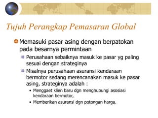 Tujuh Perangkap Pemasaran Global
Memasuki pasar asing dengan berpatokan
pada besarnya permintaan
Perusahaan sebaiknya masuk ke pasar yg paling
sesuai dengan strateginya
Misalnya perusahaan asuransi kendaraan
bermotor sedang merencanakan masuk ke pasar
asing, strateginya adalah :
• Menggaet klien baru dgn menghubungi asosiasi
kendaraan bermotor,
• Memberikan asuransi dgn potongan harga.
 