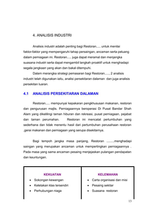 4. ANALISIS INDUSTRI


      Analisis industri adalah penting bagi Restoran..... untuk menilai
faktor-faktor yang mempengaruhi tahap persaingan, ancaman serta peluang
dalam perniagaan ini. Restoran..... juga dapat meramal dan menjangka
suasana industri serta dapat mengambil langkah proaktif untuk menghadapi
segala jangkaan yang akan dan bakal ditempuhi.
      Dalam merangka strategi pemasaran bagi Restoran....., 2 analisis
industri telah digunakan iaitu, analisi persekitaran dalaman dan juga analisis
persekitan luaran.


4.1   ANALISIS PERSEKITARAN DALAMAN

      Restoran..... mempunyai kepakaran pengkhususan makanan, restoran
dan pengurusan majlis. Perniagaannya beroperasi Di Pusat Bandar Shah
Alam yang dikelilingi taman hiburan dan rekreasi, pusat perniagaan, pejabat
dan taman perumahan.            Restoran ini mencatat pertumbuhan yang
sederhana dan tidak menentu hasil dari pertumbuhan perusahaan restoran
,gerai makanan dan perniagaan yang serupa disekitarnya.


      Bagi tempoh jangka masa panjang, Restoran .........menghadapi
saingan yang merupakan ancaman untuk mempertingkan perniagaannya .
Pada masa yang sama ancaman pesaing menjejaskan pulangan pendapatan
dan keuntungan.




              KEKUATAN                                KELEMAHAN
       Sokongan kewangan                          Carta organisasi dan misi
       Keletakan klas tersendiri                  Pesaing sekitar
       Perhubungan niaga                          Suasana restoran


                                                                              13
 