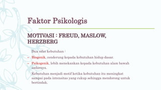 MOTIVASI : FREUD, MASLOW,
HERZBERG
Dua sifat kebutuhan :
– Biogenik, cenderung kepada kebutuhan hidup dasar.
– Psikogenik, lebih menekankan kepada kebutuhan alam bawah
sadarnya.
Kebutuhan menjadi motif ketika kebutuhan itu meningkat
sampai pada intensitas yang cukup sehingga mendorong untuk
bertindak.
Faktor Psikologis
 