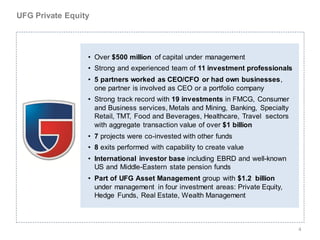 UFG Private Equity




                 • Over $500 million of capital under management
                 • Strong and experienced team of 11 investment professionals
                 • 5 partners worked as CEO/CFO or had own businesses,
                   one partner is involved as CEO or a portfolio company
                 • Strong track record with 19 investments in FMCG, Consumer
                   and Business services, Metals and Mining, Banking, Specialty
                   Retail, TMT, Food and Beverages, Healthcare, Travel sectors
                   with aggregate transaction value of over $1 billion
                 • 7 projects were co-invested with other funds
                 • 8 exits performed with capability to create value
                 • International investor base including EBRD and well-known
                   US and Middle-Eastern state pension funds
                 • Part of UFG Asset Management group with $1.2 billion
                   under management in four investment areas: Private Equity,
                   Hedge Funds, Real Estate, Wealth Management



                                                                                  4
 
