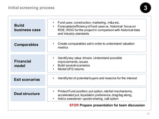 Initial screening process                                                                    3

                        •   Fund uses: construction, marketing, m&a etc.
   Build                •   Forecasted efficiency of fund uses vs. historical: focus on
   business case            ROE, ROIC for the project in comparison with historical data
                            and industry standards


   Comparables          •   Create comparables set in order to understand valuation
                            metrics


                        •   Identify key value drivers. Understand possible
   Financial                improvements, issues
   model                •   Build several scenarios
                        •   Model UFG returns

                        •   Identify list of potential buyers and reasons for the interest
   Exit scenarios


                        •   Protect Fund position: put option, ratchet mechanisms,
   Deal structure           accelerated put, liquidation preference, drag/tag along,
                        •   Add a sweetener: upside sharing, call option

                                     STOP. Prepare presentation for team discussion

                                                                                             52
 