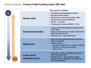 Entry strategies. Forms of debt funding under LBO deal

                                            Most common conditions
 Lower                                      Provided by bank/syndicate of banks
  risk
                                            Secured by firms assets
                                            Structured in up to three tranches: A,B,C
                    Senior debt             Repayment in equal installments
                                            Period ~ 7-10 years
                                         Floating rate of interest (LIBOR + 2-3% )

                                         Looser covenant package as compared with
                                          senior debt
                    Subordinated debt    Higher lending costs as compared with senior
                                          debt, fixed interest rate
                                         Common form – high yield bonds

                                         High risk subordinated debt (less provision,
                                          looser covenants)
                                         Interest include:
                    Mezzanine                 • Variable rate (LIBOR + 4%) – payable periodically
                                              • PIK (4-5%) – roll up into the principal
                                              • Equity warrant

                                         Loan stork - notes convertible to equity at a
                    Loan stock/           fixed conversion ratio
                                         Preferred stock – fixed dividend, higher
         Lower
         priority
                    preferred stock       priority in case of liquidation as compared
                                          with ordinary shares
 