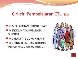 Ciri-ciri Pembelajaran CTL (2/2)
PEMBELAJARAN TERINTEGRASI
MENGGUNAKAN PELBAGAI

SUMBER
MURID KRITIS GURU KREATIF
DINDING KELAS DAN LORONG
PENUH HASIL KARYA MURID

 