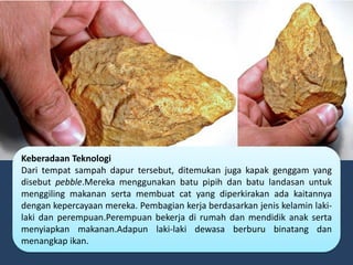Keberadaan Teknologi
Dari tempat sampah dapur tersebut, ditemukan juga kapak genggam yang
disebut pebble.Mereka menggunakan batu pipih dan batu landasan untuk
menggiling makanan serta membuat cat yang diperkirakan ada kaitannya
dengan kepercayaan mereka. Pembagian kerja berdasarkan jenis kelamin laki-
laki dan perempuan.Perempuan bekerja di rumah dan mendidik anak serta
menyiapkan makanan.Adapun laki-laki dewasa berburu binatang dan
menangkap ikan.
 
