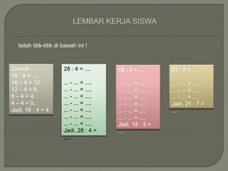 Isilah titik-titik di bawah ini ! 
Contoh : 
16 : 4 = .... 
16 – 4 = 12, 
12 – 4 = 8, 
8 – 4 = 4, 
4 – 4 = 0, 
Jadi, 16 : 4 = 4. 
18 : 3 = .... 
... - ... = ..., 
... - ... = ..., 
... - ... = ..., 
... - ... = ..., 
... - ... = ..., 
... - ... = ..., 
Jadi, 18 : 3 = 
.... 
21 : 7 = ... 
... - ... = ..., 
... - ... = ..., 
... - ... = ..., 
Jadi, 21 : 7 = 
.... 
28 : 4 = .... 
... - ... = ..., 
... - ... = ..., 
... - ... = ..., 
... - ... = ..., 
... - ... = ..., 
... - ... = ..., 
... - ... = ..., 
Jadi, 28 : 4 = 
.... 
 