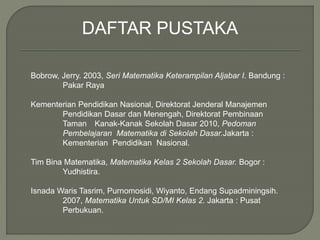 DAFTAR PUSTAKA 
Bobrow, Jerry. 2003, Seri Matematika Keterampilan Aljabar I. Bandung : 
Pakar Raya 
Kementerian Pendidikan Nasional, Direktorat Jenderal Manajemen 
Pendidikan Dasar dan Menengah, Direktorat Pembinaan 
Taman Kanak-Kanak Sekolah Dasar 2010, Pedoman 
Pembelajaran Matematika di Sekolah Dasar.Jakarta : 
Kementerian Pendidikan Nasional. 
Tim Bina Matematika, Matematika Kelas 2 Sekolah Dasar. Bogor : 
Yudhistira. 
Isnada Waris Tasrim, Purnomosidi, Wiyanto, Endang Supadminingsih. 
2007, Matematika Untuk SD/MI Kelas 2. Jakarta : Pusat 
Perbukuan. 
