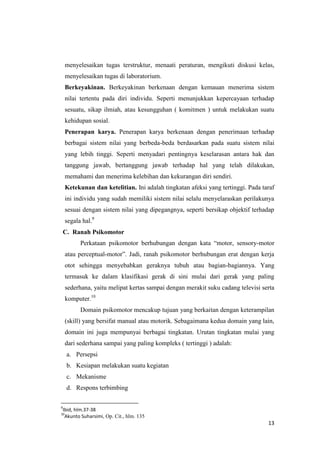 menyelesaikan tugas terstruktur, menaati peraturan, mengikuti diskusi kelas,
menyelesaikan tugas di laboratorium.
Berkeyakinan. Berkeyakinan berkenaan dengan kemauan menerima sistem
nilai tertentu pada diri individu. Seperti menunjukkan kepercayaan terhadap
sesuatu, sikap ilmiah, atau kesungguhan ( komitmen ) untuk melakukan suatu
kehidupan sosial.
Penerapan karya. Penerapan karya berkenaan dengan penerimaan terhadap
berbagai sistem nilai yang berbeda-beda berdasarkan pada suatu sistem nilai
yang lebih tinggi. Seperti menyadari pentingnya keselarasan antara hak dan
tanggung jawab, bertanggung jawab terhadap hal yang telah dilakukan,
memahami dan menerima kelebihan dan kekurangan diri sendiri.
Ketekunan dan ketelitian. Ini adalah tingkatan afeksi yang tertinggi. Pada taraf
ini individu yang sudah memiliki sistem nilai selalu menyelaraskan perilakunya
sesuai dengan sistem nilai yang dipegangnya, seperti bersikap objektif terhadap
segala hal.9
C. Ranah Psikomotor
Perkataan psikomotor berhubungan dengan kata “motor, sensory-motor
atau perceptual-motor”. Jadi, ranah psikomotor berhubungan erat dengan kerja
otot sehingga menyebabkan geraknya tubuh atau bagian-bagiannya. Yang
termasuk ke dalam klasifikasi gerak di sini mulai dari gerak yang paling
sederhana, yaitu melipat kertas sampai dengan merakit suku cadang televisi serta
komputer.10
Domain psikomotor mencakup tujuan yang berkaitan dengan keterampilan
(skill) yang bersifat manual atau motorik. Sebagaimana kedua domain yang lain,
domain ini juga mempunyai berbagai tingkatan. Urutan tingkatan mulai yang
dari sederhana sampai yang paling kompleks ( tertinggi ) adalah:
a. Persepsi
b. Kesiapan melakukan suatu kegiatan
c. Mekanisme
d. Respons terbimbing
9

Ibid, hlm.37-38
Akunto Suharsimi, Op. Cit., hlm. 135

10

13

 