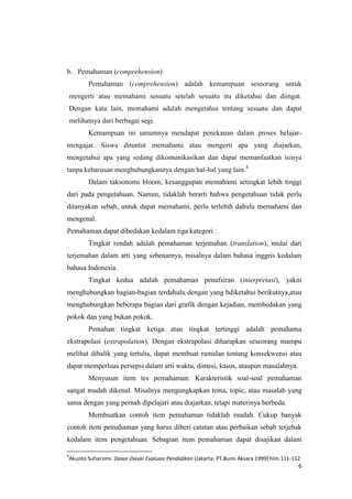 b. Pemahaman (comprehension)
Pemahaman (comprehension) adalah kemampuan seseorang untuk
mengerti atau memahami sesuatu setelah sesuatu itu diketahui dan diingat.
Dengan kata lain, memahami adalah mengetahui tentang sesuatu dan dapat
melihatnya dari berbagai segi.
Kemampuan ini umumnya mendapat penekanan dalam proses belajarmengajar. Siswa dituntut memahami atau mengerti apa yang diajarkan,
mengetahui apa yang sedang dikomunikasikan dan dapat memanfaatkan isinya
tanpa keharusan menghubungkannya dengan hal-hal yang lain.4
Dalam taksonomi bloom, kesanggupan memahami setingkat lebih tinggi
dari pada pengetahuan. Namun, tidaklah berarti bahwa pengetahuan tidak perlu
ditanyakan sebab, untuk dapat memahami, perlu terlebih dahulu memahami dan
mengenal.
Pemahaman dapat dibedakan kedalam tiga kategori :
Tingkat rendah adalah pemahaman terjemahan (translation), mulai dari
terjemahan dalam arti yang sebenarnya, misalnya dalam bahasa inggris kedalam
bahasa Indonesia.
Tingkat kedua adalah pemahaman penafsiran (interpretasi), yakni
menghubungkan bagian-bagian terdahulu dengan yang bdiketahui berikutnya,atau
menghubungkan beberapa bagian dari grafik dengan kejadian, membedakan yang
pokok dan yang bukan pokok.
Pemahan tingkat ketiga atau tingkat tertinggi adalah pemahama
ekstrapolasi (extrapolation). Dengan ekstrapolasi diharapkan seseorang mampu
melihat dibalik yang tertulis, dapat membuat ramalan tentang konsekwensi atau
dapat memperluas persepsi dalam arti waktu, dimesi, kasus, ataupun masalahnya.
Menyusun item tes pemahaman: Karakteristik soal-soal pemahaman
sangat mudah dikenal. Misalnya mengungkapkan tema, topic, atau masalah yang
sama dengan yang pernah dipelajari atau diajarkan, tetapi materinya berbeda.
Membuatkan contoh item pemahaman tidaklah mudah. Cukup banyak
contoh item pemahaman yang harus diberi catatan atau perbaikan sebab terjebak
kedalam item pengetahuan. Sebagian item pemahaman dapat disajikan dalam
4

Akunto Suharsimi. Dasar-Dasar Evaluasi Pendidikan (Jakarta: PT.Bumi Aksara 1999) hlm.111-112

6

 