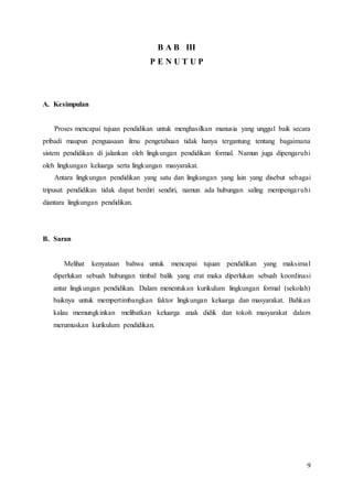 9
B A B III
P E N U T U P
A. Kesimpulan
Proses mencapai tujuan pendidikan untuk menghasilkan manusia yang unggul baik secara
pribadi maupun penguasaan ilmu pengetahuan tidak hanya tergantung tentang bagaimana
sistem pendidikan di jalankan oleh lingkungan pendidikan formal. Namun juga dipengaruhi
oleh lingkungan keluarga serta lingkungan masyarakat.
Antara lingkungan pendidikan yang satu dan lingkungan yang lain yang disebut sebagai
tripusat pendidikan tidak dapat berdiri sendiri, namun ada hubungan saling mempengaruhi
diantara lingkungan pendidikan.
B. Saran
Melihat kenyataan bahwa untuk mencapai tujuan pendidikan yang maksimal
diperlukan sebuah hubungan timbal balik yang erat maka diperlukan sebuah koordinasi
antar lingkungan pendidikan. Dalam menentukan kurikulum lingkungan formal (sekolah)
baiknya untuk mempertimbangkan faktor lingkungan keluarga dan masyarakat. Bahkan
kalau memungkinkan melibatkan keluarga anak didik dan tokoh masyarakat dalam
merumuskan kurikulum pendidikan.
 