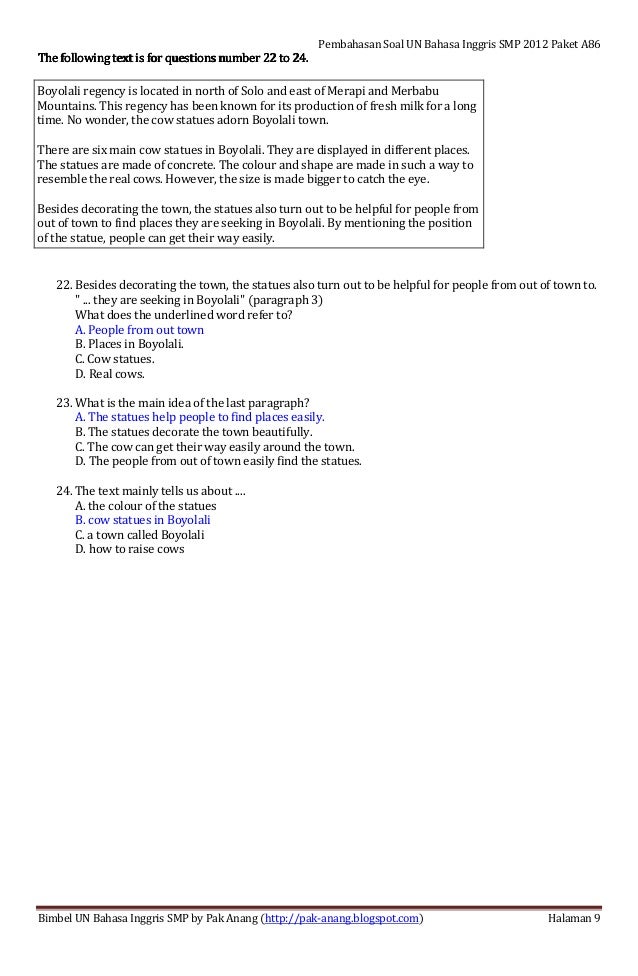 Pembahasan soal un bahasa inggris smp 2012 paket soal a86 Pembahasan soal un bahasa inggris smp 2012 paket soal a86