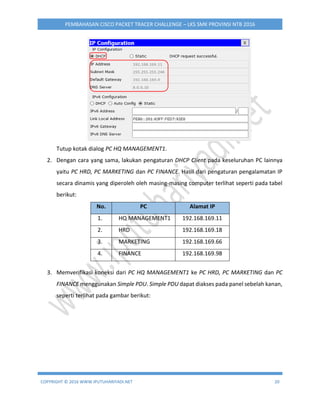COPYRIGHT © 2016 WWW.IPUTUHARIYADI.NET 20
PEMBAHASAN CISCO PACKET TRACER CHALLENGE – LKS SMK PROVINSI NTB 2016
Tutup kotak dialog PC HQ MANAGEMENT1.
2. Dengan cara yang sama, lakukan pengaturan DHCP Client pada keseluruhan PC lainnya
yaitu PC HRD, PC MARKETING dan PC FINANCE. Hasil dari pengaturan pengalamatan IP
secara dinamis yang diperoleh oleh masing-masing computer terlihat seperti pada tabel
berikut:
No. PC Alamat IP
1. HQ MANAGEMENT1 192.168.169.11
2. HRD 192.168.169.18
3. MARKETING 192.168.169.66
4. FINANCE 192.168.169.98
3. Memverifikasi koneksi dari PC HQ MANAGEMENT1 ke PC HRD, PC MARKETING dan PC
FINANCE menggunakan Simple PDU. Simple PDU dapat diakses pada panel sebelah kanan,
seperti terlihat pada gambar berikut:
 