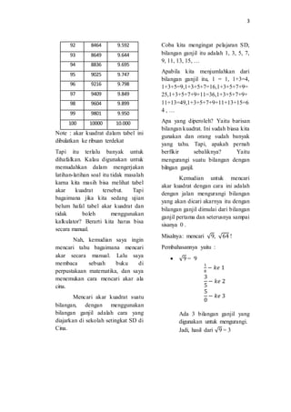 3
92 8464 9.592
93 8649 9.644
94 8836 9.695
95 9025 9.747
96 9216 9.798
97 9409 9.849
98 9604 9.899
99 9801 9.950
100 10000 10.000
Note : akar kuadrat dalam tabel ini
dibulatkan ke ribuan terdekat
Tapi itu terlalu banyak untuk
dihafalkan. Kalau digunakan untuk
memudahkan dalam mengerjakan
latihan-latihan soal itu tidak masalah
karna kita masih bisa melihat tabel
akar kuadrat tersebut. Tapi
bagaimana jika kita sedang ujian
belum hafal tabel akar kuadrat dan
tidak boleh menggunakan
kalkulator? Berarti kita harus bisa
secara manual.
Nah, kemudian saya ingin
mencari tahu bagaimana mencari
akar secara manual. Lalu saya
membaca sebuah buku di
perpustakaan matematika, dan saya
menemukan cara mencari akar ala
cina.
Mencari akar kuadrat suatu
bilangan, dengan menggunakan
bilangan ganjil adalah cara yang
diajarkan di sekolah setingkat SD di
Cina.
Coba kita mengingat pelajaran SD,
bilangan ganjil itu adalah 1, 3, 5, 7,
9, 11, 13, 15, …
Apabila kita menjumlahkan dari
bilangan ganjil itu, 1 = 1, 1+3=4,
1+3+5=9,1+3+5+7=16,1+3+5+7+9=
25,1+3+5+7+9+11=36,1+3+5+7+9+
11+13=49,1+3+5+7+9+11+13+15=6
4 , …
Apa yang diperoleh? Yaitu barisan
bilangan kuadrat. Ini sudah biasa kita
gunakan dan orang sudah banyak
yang tahu. Tapi, apakah pernah
berfikir sebaliknya? Yaitu
mengurangi suatu bilangan dengan
bilngan ganjil.
Kemudian untuk mencari
akar kuadrat dengan cara ini adalah
dengan jalan mengurangi bilangan
yang akan dicari akarnya itu dengan
bilangan ganjil dimulai dari bilangan
ganjil pertama dan seterusnya sampai
sisanya 0 .
Misalnya: mencari √9, √64 !
Pembahasannya yaitu :
 √9 = 9
1
8
− 𝑘𝑒 1
3
5
− 𝑘𝑒 2
5
0
− 𝑘𝑒 3
Ada 3 bilangan ganjil yang
digunakan untuk mengurangi.
Jadi, hasil dari √9 = 3
 