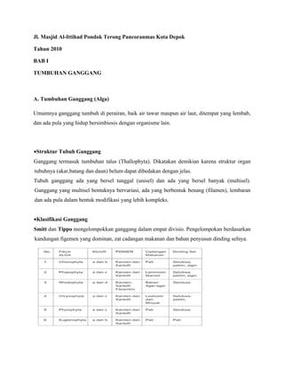 Jl. Masjid Al-Ittihad Pondok Terong Pancoranmas Kota Depok

Tahun 2010

BAB I

TUMBUHAN GANGGANG



A. Tumbuhan Ganggang (Alga)

Umumnya ganggang tumbuh di perairan, baik air tawar maupun air laut, ditempat yang lembab,
dan ada pula yang hidup bersimbiosis dengan organisme lain.




•Struktur Tubuh Ganggang
Ganggang termasuk tumbuhan talus (Thallophyta). Dikatakan demikian karena struktur organ
tubuhnya (akar,batang dan daun) belum dapat dibedakan dengan jelas.
Tubuh ganggang ada yang bersel tunggal (unisel) dan ada yang bersel banyak (multisel).
Ganggang yang multisel bentuknya bervariasi, ada yang berbentuk benang (filamen), lembaran
dan ada pula dalam bentuk modifikasi yang lebih kompleks.


•Klasifikasi Ganggang
Smitt dan Tippo mengelompokkan ganggang dalam empat divisio. Pengelompokan berdasarkan
kandungan figemen yang dominan, zat cadangan makanan dan bahan penyusun dinding selnya.
 