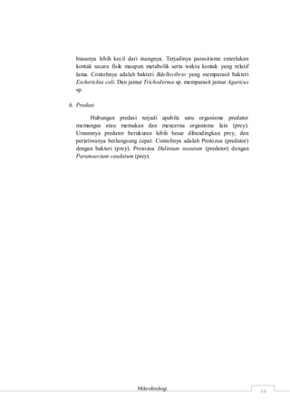 Mikrobiologi
10
biasanya lebih kecil dari inangnya. Terjadinya parasitisme emerlukan
kontak secara fisik maupun metabolik serta waktu kontak yang relatif
lama. Contohnya adalah bakteri Bdellovibrio yang memparasit bakteri
Escherichia coli. Dan jamur Trichoderma sp. memparasit jamur Agaricus
sp.
h. Predasi
Hubungan predasi terjadi apabila satu organisme predator
memangsa atau memakan dan mencerna organisme lain (prey).
Umumnya predator berukuran lebih besar dibandingkan prey, dan
peristiwanya berlangsung cepat. Contohnya adalah Protozoa (predator)
dengan bakteri (prey). Protozoa Didinium nasutum (predator) dengan
Paramaecium caudatum (prey).
 