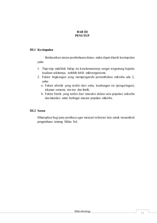Mikrobiologi
11
BAB III
PENUTUP
III.1 Kesimpulan
Berdasarkan uraian pembahasan diatas, maka dapat ditarik kesimpulan
yaitu:
1. Tiap-tiap makhluk hidup itu keselamatannya sangat tergantung kepada
keadaan sekitarnya, terlebih-lebih mikroorganisme.
2. Faktor lingkungan yang mempengaruhi pertumbuhan mikroba ada 2,
yaitu:
a. Faktor abiotik yang terdiri dari suhu, kandungan air (pengeringan),
tekanan osmosis, ion-ion dan listrik.
b. Faktor biotik yang terdiri dari interaksi dalam satu populasi mikroba
dan interaksi antar berbagai macam populasi mikroba.
III.2 Saran
Diharapkan bagi para pembaca agar mencari referensi lain untuk menambah
pengetahuan tentang Siklus Sel.
 