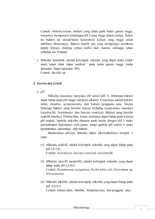 Mikrobiologi
4
Contoh: Halobacterium, bakteri yang tahan pada kadar garam tinggi,
umumnya mempunyai kandungan KCl yang tinggi dalam selnya. Selain
itu bakteri ini memerlukan konsentrasi kalium yang tinggi untuk
stabilitas ribosomnya. Bakteri halofil ada yang mempunyai membran
purple bilayer, dinding selnya terdiri dari murein, sehingga tahan
terhadap ion Natrium.
c. Mikroba halodurik, adalah kelompok mikroba yang dapat tahan (tidak
mati) tetapi tidak dapat tumbuh pada kadar garam tinggi, kadar
garamnya dapat mencapai 30%.
Contoh: Bacillus sp.
4. Ion-ion dan Listrik
a. pH
Mikroba umumnya menyukai pH netral (pH 7). Beberapa bakteri
dapat hidup pada pH tinggi (medium alkalin). Contohnya adalah bakteri
nitrat, rhizobia, actinomycetes, dan bakteri pengguna urea. Hanya
beberapa bakteri yang bersifat toleran terhadap kemasaman, misalnya
Lactobacilli, Acetobacter, dan Sarcina ventriculi. Bakteri yang bersifat
asidofil misalnya Thiobacillus. Jamur umumnya dapat hidup pada kisaran
pH rendah. Apabila mikroba ditanam pada media dengan pH 5 maka
pertumbuhan didominasi oleh jamur, tetapi apabila pH media 8 maka
pertumbuhan didominasi oleh bakteri.
Berdasarkan pH-nya mikroba dapat dikelompokkan menjadi 3
yaitu:
(1) Mikroba asidofil, adalah kelompok mikroba yang dapat hidup pada
pH 2,0-5,0.
Contoh: Acetobacter, Sarcina ventriculi, Lactobacilli.
(2) Mikroba mesofil (neutrofil), adalah kelompok mikroba yang dapat
hidup pada pH 5,5-8,0.
Contoh: Pseudomonas aeruginosa, Escherichia coli, Clostridium sp,
Nitrosomonas.
(3) Mikroba alkalifil, adalah kelompok mikroba yang dapat hidup pada
pH 8,4-9,5.
Contoh: bakteri nitrat, rhizobia, Actinomycetes, dan pengguna urea.
 