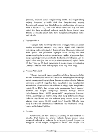 Mikrobiologi
6
germisida, terutama cahaya bergelombang pendek dan bergelombang
panjang. Pengaruh germisida dari sinar bergelombang panjang
disebabkan oleh panas yang ditimbulkannya, misalnya sinar inframerah.
Sinar x (0,005-1,0 Ao), sinar ultra violet (4000-2950 Ao), dan sinar
radiasi lain dapat membunuh mikroba. Apabila tingkat iradiasi yang
diterima sel mikroba rendah, maka dapat menyebabkan terjadinya mutasi
pada mikroba.
f. Tegangan Muka
Tegangan muka mempengaruhi cairan sehingga permukaan cairan
tersebut menyerupai membran yang elastis. Seperti telah diketahui
protoplasma mikroba terdapat di dalam sel yang dilindungi dinding sel,
maka apabila ada perubahan tegangan muka dinding sel akan
mempengaruhi pula permukaan protoplasma. Akibat selanjutnya dapat
mempengaruhi pertumbuhan mikroba dan bentuk morfologinya. Zat-zat
seperti sabun, deterjen, dan zat-zat pembasah (surfaktan) seperti Tween
80 dan Triton A 20 dapat mengurangi tegangan muka cairan/larutan.
Umumnya mikroba cocok pada tegangan muka yang relatif tinggi.
g. Tekanan Hidrostatik
Tekanan hidrostatik mempengaruhi metabolisme dan pertumbuhan
mikroba. Umumnya tekanan 1-400 atm tidak mempengaruhi atau hanya
sedikit mempengaruhi metabolisme dan pertumbuhan mikroba. Tekanan
hidrostatik yang lebih tinggi lagi dapat menghambat atau menghentikan
pertumbuhan, oleh karena tekanan hidrostatik tinggi dapat menghambat
sintesis RNA, DNA, dan protein, serta mengganggu fungsi transport
membran sel maupun mengurangi aktivitas berbagai macam
enzim.Tekanan diatas 100.000 pound/inchi2 menyebabkan denaturasi
protein. Akan tetapi ada mikroba yang tahan hidup pada tekanan tinggi
(mikroba barotoleran), dan ada mikroba yang tumbuh optimal pada
tekanan tinggi sampai 16.000 pound/ inchi2 (barofil). Mikroba yang
hidup di laut dalam umumnya adalah barofilik atau barotoleran. Sebagai
contoh adalah bakteri Spirillum.
h. Tekanan
Getaran mekanik dapat merusakkan dinding sel dan membran sel
mikroba. Oleh karena itu getaran mekanik banyak dipakai untuk
memperoleh ekstrak sel mikroba. Isi sel dapat diperoleh dengan cara
menggerus sel-sel dengan menggunakan abrasif atau dengan cara
 