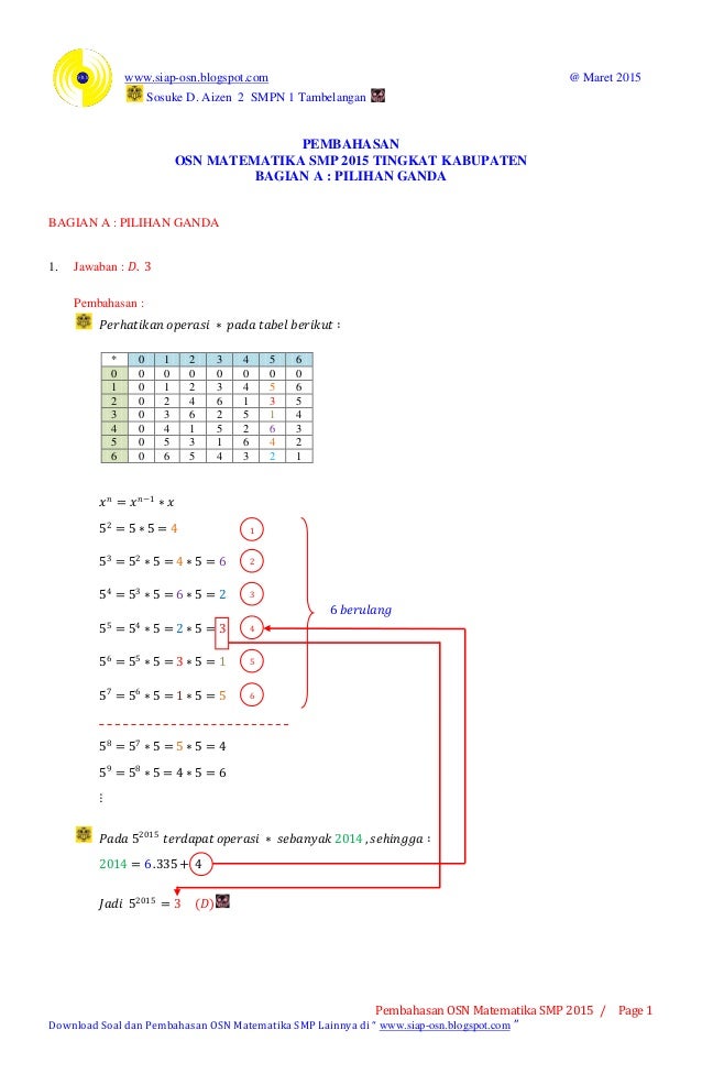 Pembahasan Osn Matematika Smp 2015 Tingkat Kabupaten Bagian A Piliha