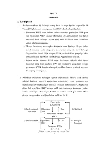 Bab III
                                            Penutup
A. kesimpulan
  1. Berdasarkan (Pasal 8) Undang-Undang Surat Berharga Syariah Negara No. 19
     Tahun 2008, ketentuan umum penerbitan SBSN adalah sebagai berikut :
      - Penerbitan SBSN harus terlebih dahulu mendapat persetujuan DPR pada
         saat pengesahan APBN yang diperhitungkan sebagai bagian dari nilai bersih
         maksimal surat berharga Negara yang akan diterbitkan oleh pemerintah
         dalam satu tahun anggaran.
      - Menteri berwenang menetapkan komposisi surat berharga Negara dalam
         rupiah maupun valuta asing, serta menetepkan komposisi surat berharga
         Negara dalam bentuk SUN maupun SBSN dan hal-hal lain yang diperlukan
         untuk menjamin penerbitan surat berharga Negara secara hati-hati.
      - Dalam hal-hal tertentu, SBSN dapat diterbitkan melebihi nilai bersih
         maksimal yang telah disetujui DPR dan selanjutnya dilaporkan sebagai
         perubahan APBN dan/atau disampaikan dalam laporan realisasi anggaran
         tahun yang bersangkutan.


  2. Penerbitan instrument keuangan syariah memerlukan adanya akad tertentu
     sebagai landasan transaksi (underlying transaction), yang ketentuan dan
     mekanismenya berbeda dengan transaksi keuangan pada umumnya. Begitu pula
     dalam hal penerbitan SBSN sebagai salah satu instrument keuangan syariah.
     Untuk keterangan lebih lanjut, berikut ini adalah contoh penerbitan SBSN
     dengan menggunakan akad Ijarah-Sale and lease back :


                                                Pemerintah
                                                (Originator)

      (6) Ijarah muntahiyah     (1) Penjualan                  Dana   (4) Akad Ijarah
             Bi at-tamlik        Asset
                                         Perusahaan Penerbit
                                               (SPV)

      (7 ) Pelunasan SBSN       (2)penerbitan             (3) Dana    (5) Pembagian
                                 SBSN                                     Pendapatan
                                          Pemegang SBSN
                                             (Investor)
                              Hukum Pasar Modal dan Bursa Efek
                                                   17
 