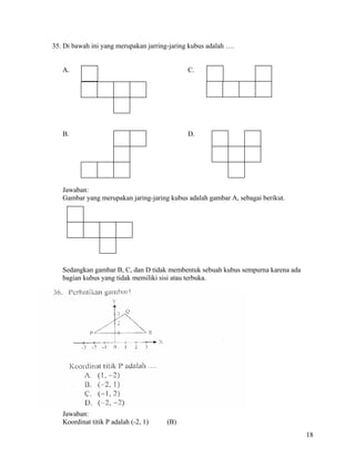 35. Di bawah ini yang merupakan jarring-jaring kubus adalah ….


      A.                                        C.




      B.                                        D.




      Jawaban:
      Gambar yang merupakan jaring-jaring kubus adalah gambar A, sebagai berikut.




      Sedangkan gambar B, C, dan D tidak membentuk sebuah kubus sempurna karena ada
      bagian kubus yang tidak memiliki sisi atau terbuka.

36.




      Jawaban:
      Koordinat titik P adalah (-2, 1)   (B)
                                                                                      18
 