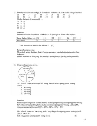 37. Data berat badan (dalam kg) 20 siswa kelas VI SD TARUNA adalah sebagai berikut:
    30     33     31      33      35    33     30     32  33     32
    31     30     33      34      33    30     31     33  31     30
    Modus dari data di atas adalah ….
    A. 30 kg
    B. 31 kg
    C. 32 kg
    D. 33 kg

      Jawaban:
      Data berat badan siswa kelas VI SD TARUNA disajikan dalam tabel berikut.
      Berat Badan (dalam kg) 30          31        32        33       34        35
      Frekuensi              5           4         2         7        1         1

          Jadi modus dari data di atas adalah 33   (D)

      Pengetahuan prasyarat:
      Mengubah sajian dari data diskrit (orang per orang) menjadi data dalam distribusi
      frekuensi.
      Modus merupakan data yang frekuensinya paling banyak (paling sering muncul).



38.




      Jawaban:
      Pada diagram lingkaran nampak bahwa daerah yang menunjukkan penggemar renang
      berbentuk seperempat lingkaran maka prosentase penggemar renang adalah 25%.
      Atau dengan penghitungan 100% - 23% - 12% - 40% = 25%

      Jika seluruh siswa ada 200 orang, maka banyaknya siswa yang gemar renang adalah:
      25% × 200 = 50
      Jadi penggemar renang ada 50 orang siswa                               (B)
                                                                                          19
 