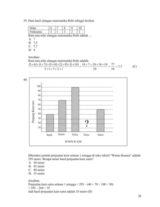 39. Data hasil ulangan matematika Robi sebagai berikut:

       Nilai             6 7      8    9    10
       Frekuensi         3 1      3    2    1
      Rata-rata nilai ulangan matematika Robi adalah ....
      A. 7
      B. 7,5
      C. 7,7
      D. 8

      Jawaban:
      Rata-rata nilai ulangan matematika Robi adalah:
       (3 × 6) + (1 × 7 ) + (3 × 8) + (2 × 9) + (1 × 10) = 18 + 7 + 24 + 18 + 10 = 77 = 7,7   (C)
                      3 +1+ 3 + 2 +1                                10             10


40.

                           100
                           90
                           80
                           70
        Panjang Kain (m)




                           60
                           50
                           40
                           30
                           20
                           10
                                                              ?
                                 Batik   Katun       Nilon    Sutra   Saten

                                                 JENIS KAIN



      Diketahui jumlah penjualan kain selama 1 minggu di toko tekstil “Warna Busana” adalah
      295 meter. Berapa meter hasil penjualan kain sutra?
      A. 50 meter
      B. 45 meter
      C. 40 meter
      D. 35 meter

      Jawaban:
      Penjualan kain sutra selama 1 minggu = 295 – (40 + 70 + 100 + 50)
      = 295 – 260 = 35
      Jadi hasil penjualan kain sutra adalah 35 meter (D)
                                                                                                    20
 