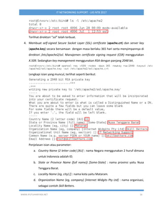 WWW.IPUTUHARIYADI.NET 16
IT NETWORKING SUPPORT - LKS NTB 2017
Terlihat direktori “ssl” telah terbuat.
4. Membuat self-signed Secure Socket Layer (SSL) certificate (apache.crt) dan server key
(apache.key) secara bersamaan dengan masa berlaku 365 hari serta menyimpannya di
direktori /etc/apache2/ssl. Manajemen certificate signing request (CSR) menggunakan
X.509. Sedangkan key management menggunakan RSA dengan panjang 2048 bit.
Lengkapi isian yang muncul, terlihat seperti berikut:
Penjelasan isian atau parameter:
a. Country Name (2 letter code) [AU] : nama Negara menggunakan 2 huruf dimana
untuk Indonesia adalah ID.
b. State or Province Name (full name)) [Some-State] : nama provinsi yaitu Nusa
Tenggara Barat.
c. Locality Name (eg, city) [] : nama kota yaitu Mataram.
d. Organization Name (eg, company) [Internet Widgits Pty Ltd] : nama organisasi,
sebagai contoh Skill Betters.
 