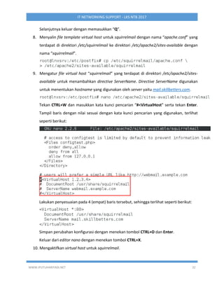 WWW.IPUTUHARIYADI.NET 32
IT NETWORKING SUPPORT - LKS NTB 2017
Selanjutnya keluar dengan memasukkan “Q”.
8. Menyalin file template virtual host untuk squirrelmail dengan nama “apache.conf” yang
terdapat di direktori /etc/squirrelmail ke direktori /etc/apache2/sites-available dengan
nama “squirrelmail”.
9. Mengatur file virtual host “squirrelmail” yang terdapat di direktori /etc/apache2/sites-
available untuk menambahkan directive ServerName. Directive ServerName digunakan
untuk menentukan hostname yang digunakan oleh server yaitu mail.skillbetters.com.
Tekan CTRL+W dan masukkan kata kunci pencarian “#<VirtualHost” serta tekan Enter.
Tampil baris dengan nilai sesuai dengan kata kunci pencarian yang digunakan, terlihat
seperti berikut:
Lakukan penyesuaian pada 4 (empat) baris tersebut, sehingga terlihat seperti berikut:
Simpan perubahan konfigurasi dengan menekan tombol CTRL+O dan Enter.
Keluar dari editor nano dengan menekan tombol CTRL+X.
10. Mengaktifkan virtual host untuk squirrelmail.
 