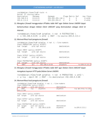WWW.IPUTUHARIYADI.NET 40
IT NETWORKING SUPPORT - LKS NTB 2017
11. Mengatur firewall menggunakan IPTables table NAT agar Debian Server LNXSRV dapat
berkomunikasi dengan Debian Client LNXCLNT yang disimulasikan sebagai client di
Internet.
12. Memverifikasi hasil pengaturan firewall.
13. Mengatur firewall menggunakan IPTables table NAT agar Debian Client LNXCLNT dapat
mengakses layanan HTTP pada Debian Server LNXSRV.
14. Memverifikasi hasil pengaturan firewall.
 