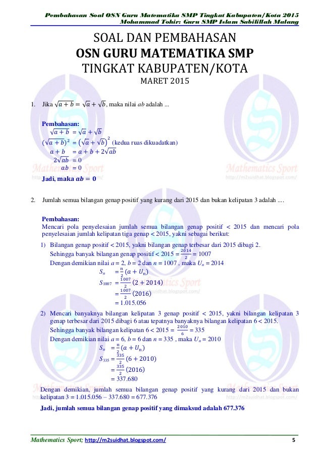 Pembahasan soal osn guru matematika smp 2015 (m2suidhat Pembahasan soal osn guru matematika smp 2015 (m2suidhat