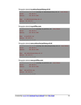 Pengujian alamat ns.smknurkaryatidung.sch.id:
root@YusitLove:/etc/bind# nslookup ns.smknurkaryatidung.sch.id
Server:
Address:

(lalu Enter)

192.168.50.1
192.168.50.1#53

Name:

ns.smknurkaryatidung.sch.id

Address: 192.168.50.1
root@YusitLove:/etc/bind#

Pengujian alamat ns.profilku.com:
root@YusitLove:/etc/bind# nslookup ns.profilku.com
Server:
Address:

(lalu Enter)

192.168.50.1
192.168.50.1#53

Name:

ns.profilku.com

Address: 192.168.50.1
root@YusitLove:/etc/bind#

Pengujian alamat www.smknurkaryatidung.sch.id:
root@YusitLove:/etc/bind# nslookup www.smknurkaryatidung.sch.id
Server:
Address:

(lalu Enter)

192.168.50.1
192.168.50.1#53

Name:

www.smknurkaryatidung.sch.id

Address: 192.168.50.1
root@YusitLove:/etc/bind#

Pengujian alamat www.profilku.com:
root@YusitLove:/etc/bind# nslookup ns.profilku.com
Server:
Address:

(lalu Enter)

192.168.50.1
192.168.50.1#53

Name:

www.profilku.com

Address: 192.168.50.1
root@YusitLove:/etc/bind#

Created By Yusit2788 (Achmad Yusri Afandi From TKJ Club)

14

 