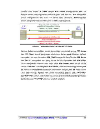 transfer data antarFTP Client dengan FTP Server mengguankan port 20.
Adapun isitlah yang digunakan pada FTP yaitu Get dan Put., Get merupakan
proses mengambilan data dari FTP Server atau Download. Putmerupakan
proses pengiriman file dari FTP Client ke FTP Server (Upload).

Gambar 2.2. Komunikasi Antara FTP Client dan FTP Server

Gambar diatas menunjukkan bentuk komunikasi yang terjadi antara FTP Server
dan FTP Client. Seperti penjelasan sebelumnya bahwa port 20 secara default
merupakan for yang digunakan FTP Client mengambil data/file dari FTP Server
dan Port 21 merupakan port yang secara default digunakan oleh FTP Client
untuk mengakses halaman atau login pada FTP Server. Akan tetapi secara
umum FTP Client saat mengakses FTP Server , tidak multak menggunakan port
21, namun FTP Server tetap respon permintaan dengan port 21. Pada Sistem
Linux ada beberapa Aplikasi FTP Server yang cukup populer yaitu “ProFTPD”
dan “VsFTPD”, namun pada materi ini, penulis akan membahas tentang instalasi
dan konfigurasi “ProFTPD”,. Berikut langkah-langkah:

Created By Yusit2788 (Achmad Yusri Afandi From TKJ Club)

23

 